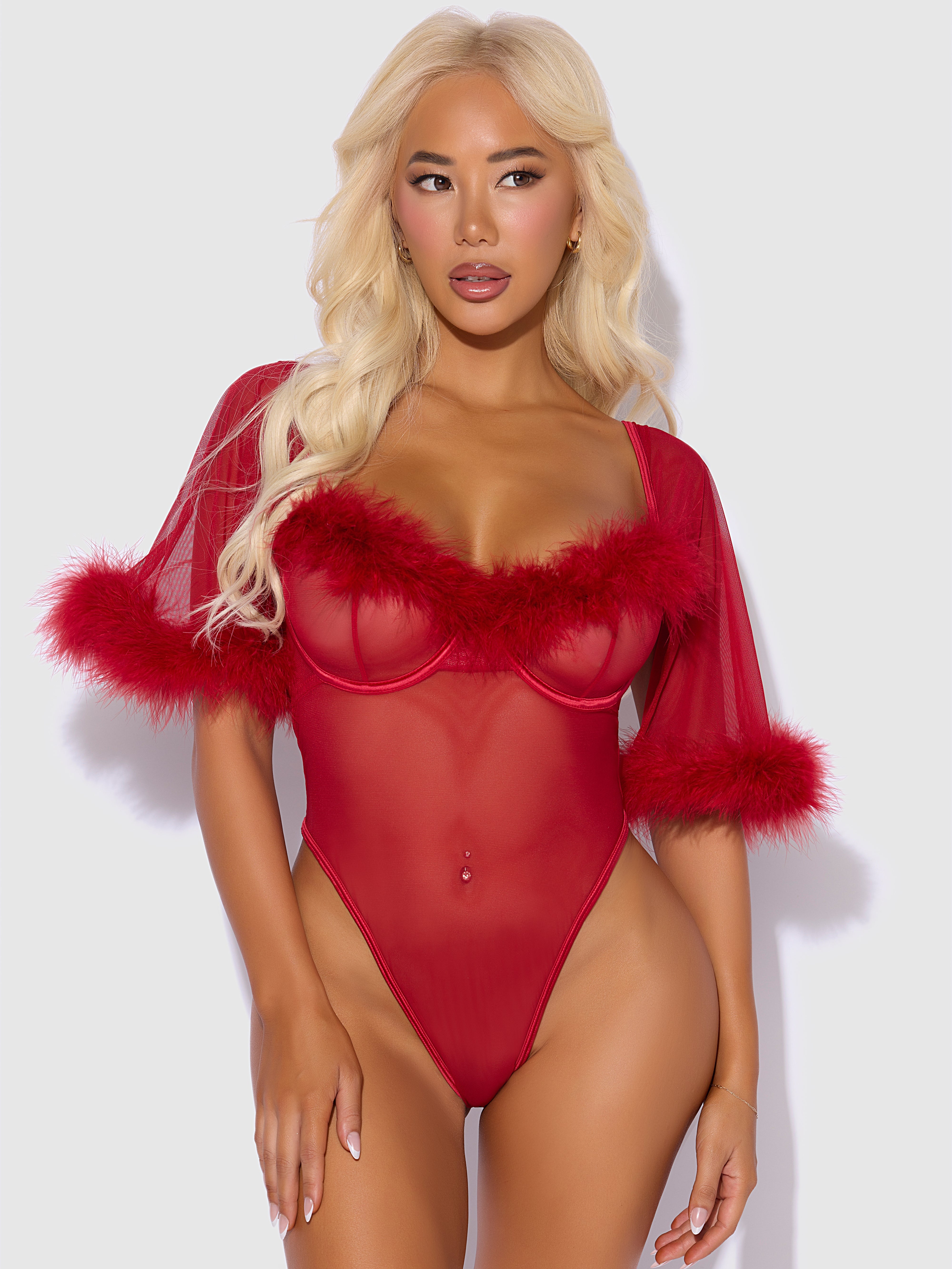 Marilyn Marabou & Mesh Bell-Sleeved Bodysuit from Love It Curvy