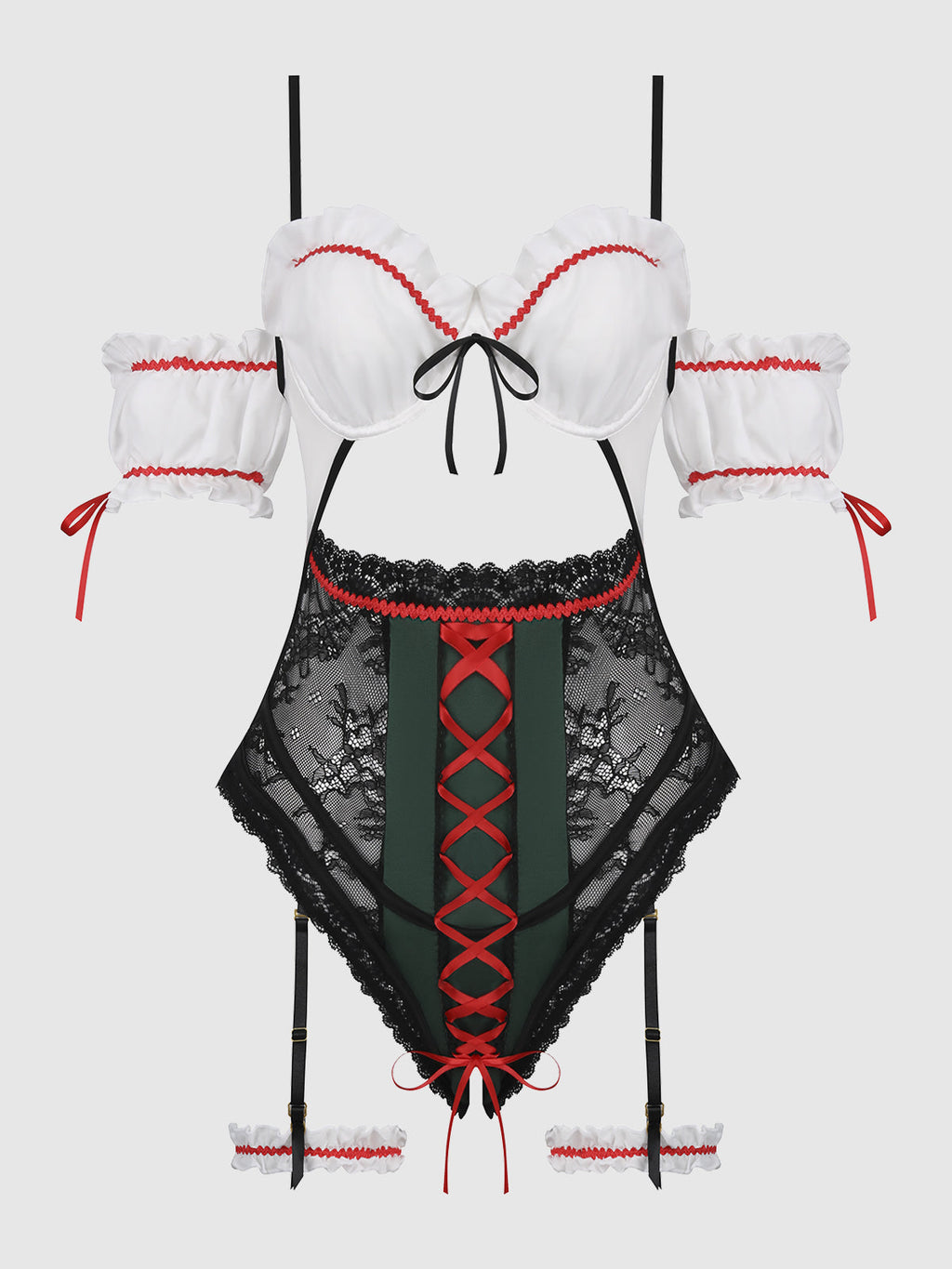 Biergarten Babe Teddy and garters in White/Green, product-only front view.