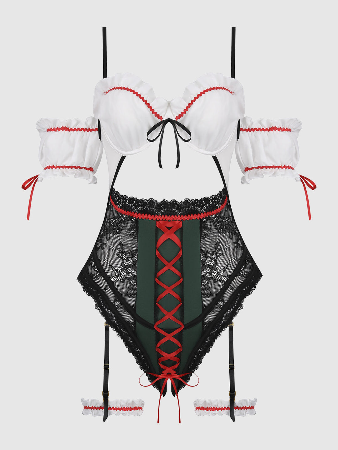 Biergarten Babe Teddy and garters in White/Green, product-only front view.