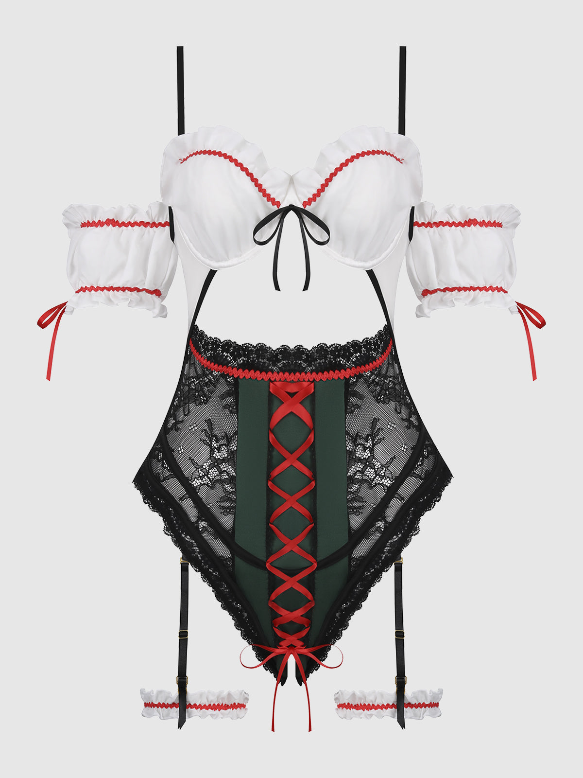 Biergarten Babe Teddy and garters in White/Green, product-only front view.