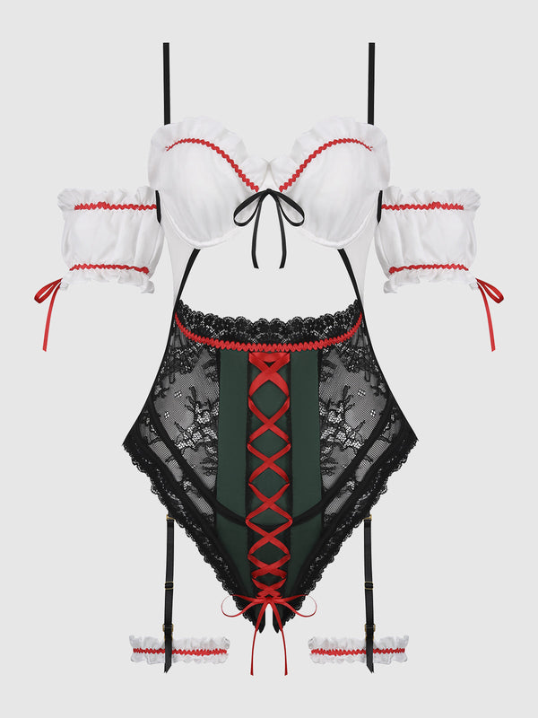 Biergarten Babe Teddy and garters in White/Green, product-only front view.