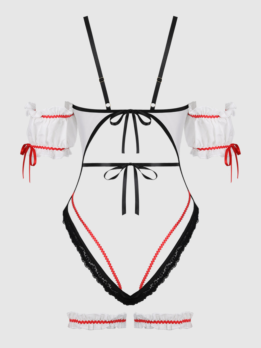 Biergarten Babe Teddy and garters in White/Green, product-only back view showing tie straps.