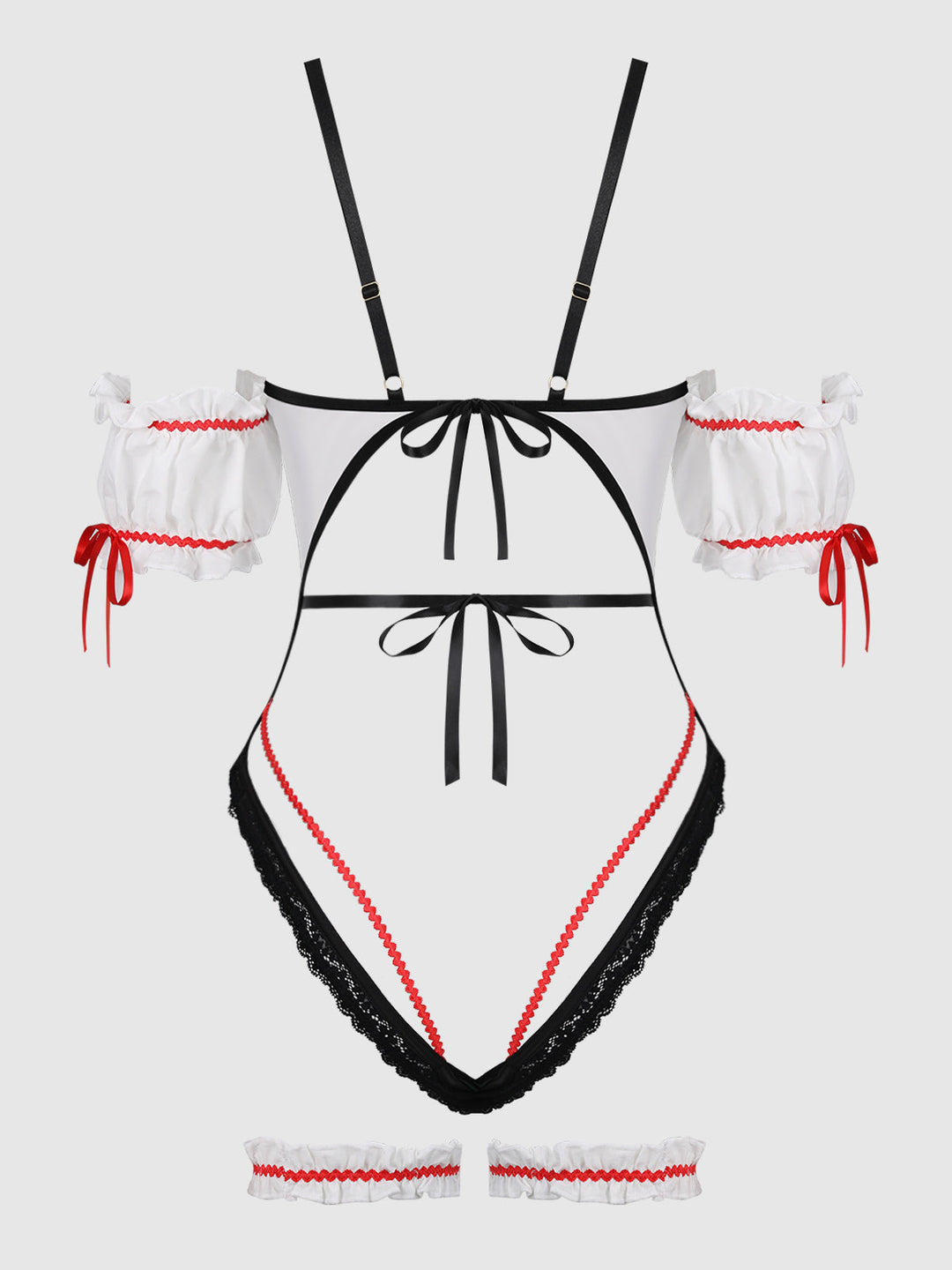Biergarten Babe Teddy and garters in White/Green, product-only back view showing tie straps.