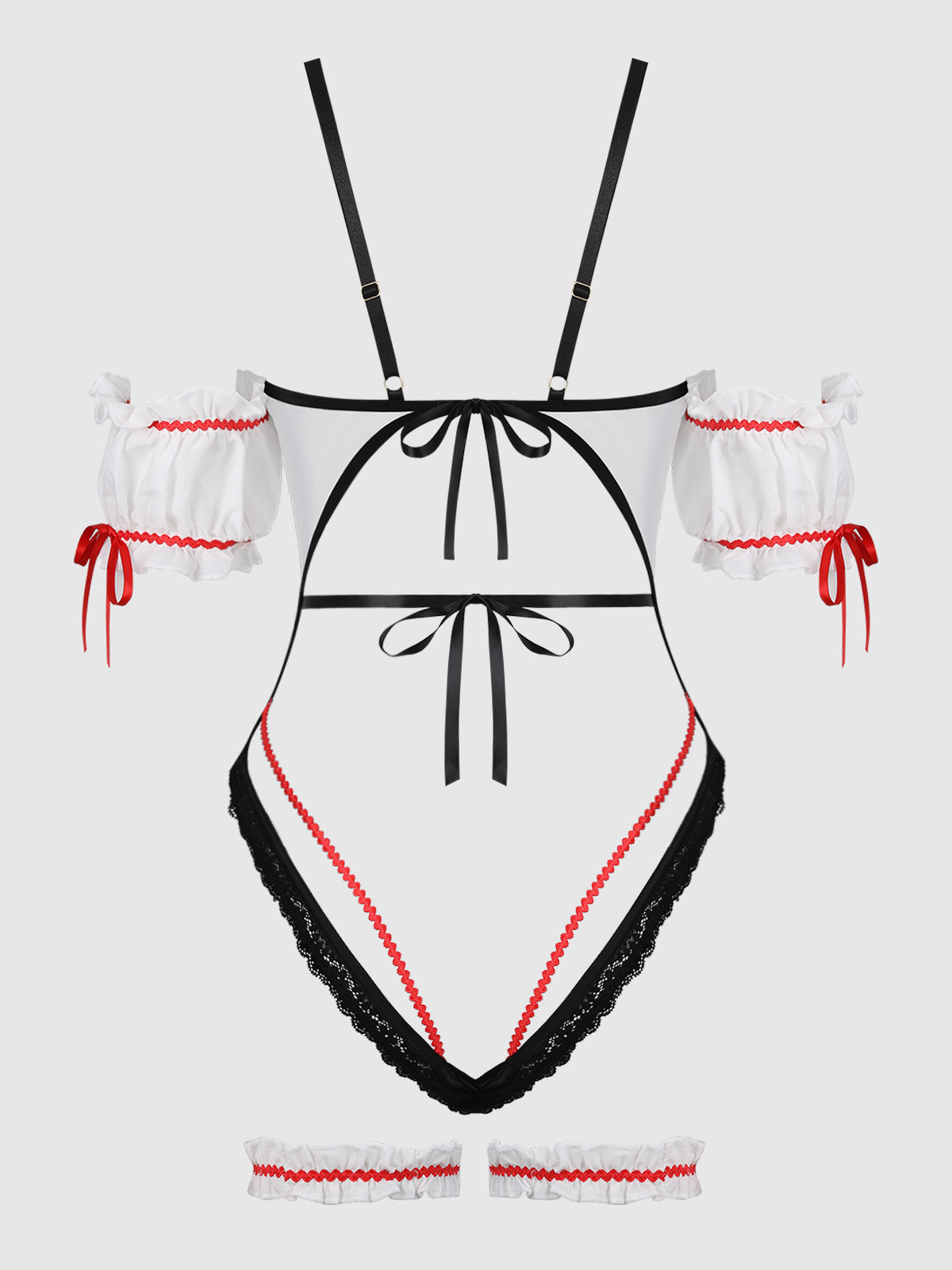 Biergarten Babe Teddy and garters in White/Green, product-only back view showing tie straps.
