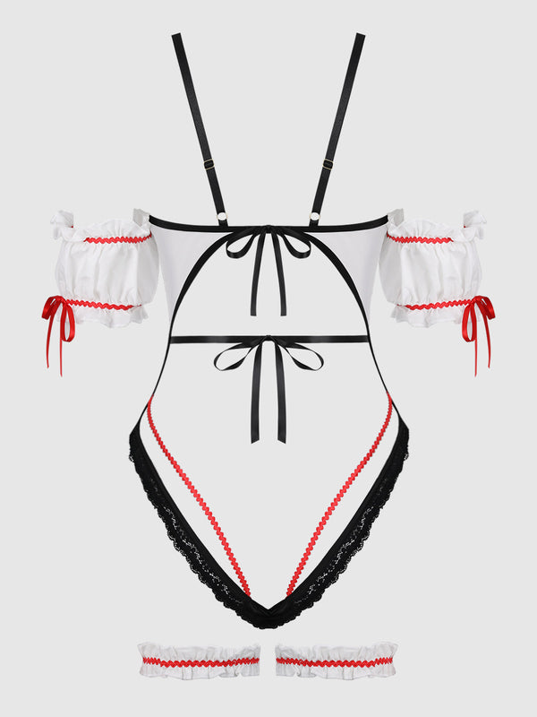 Biergarten Babe Teddy and garters in White/Green, product-only back view showing tie straps.