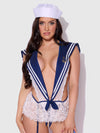 High Tied Sailor Teddy in Navy/White, front view with sailor hat and white lace skirt.