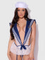 High Tied Sailor Teddy in Navy/White, front view with sailor hat and white lace skirt.