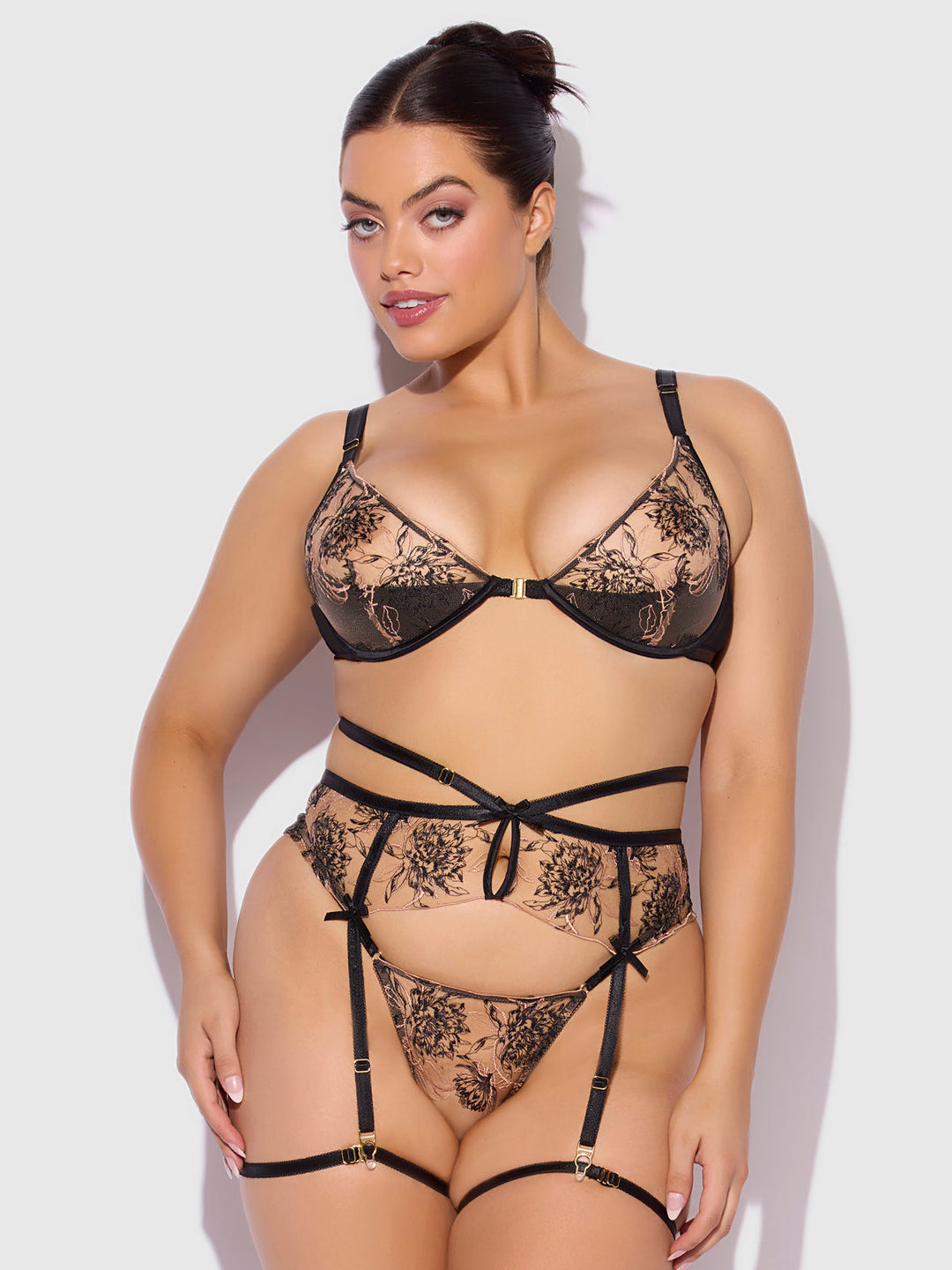 Delilah Embroidered Push Up Bra, Garter &amp; Thong Set from Love It Curvy