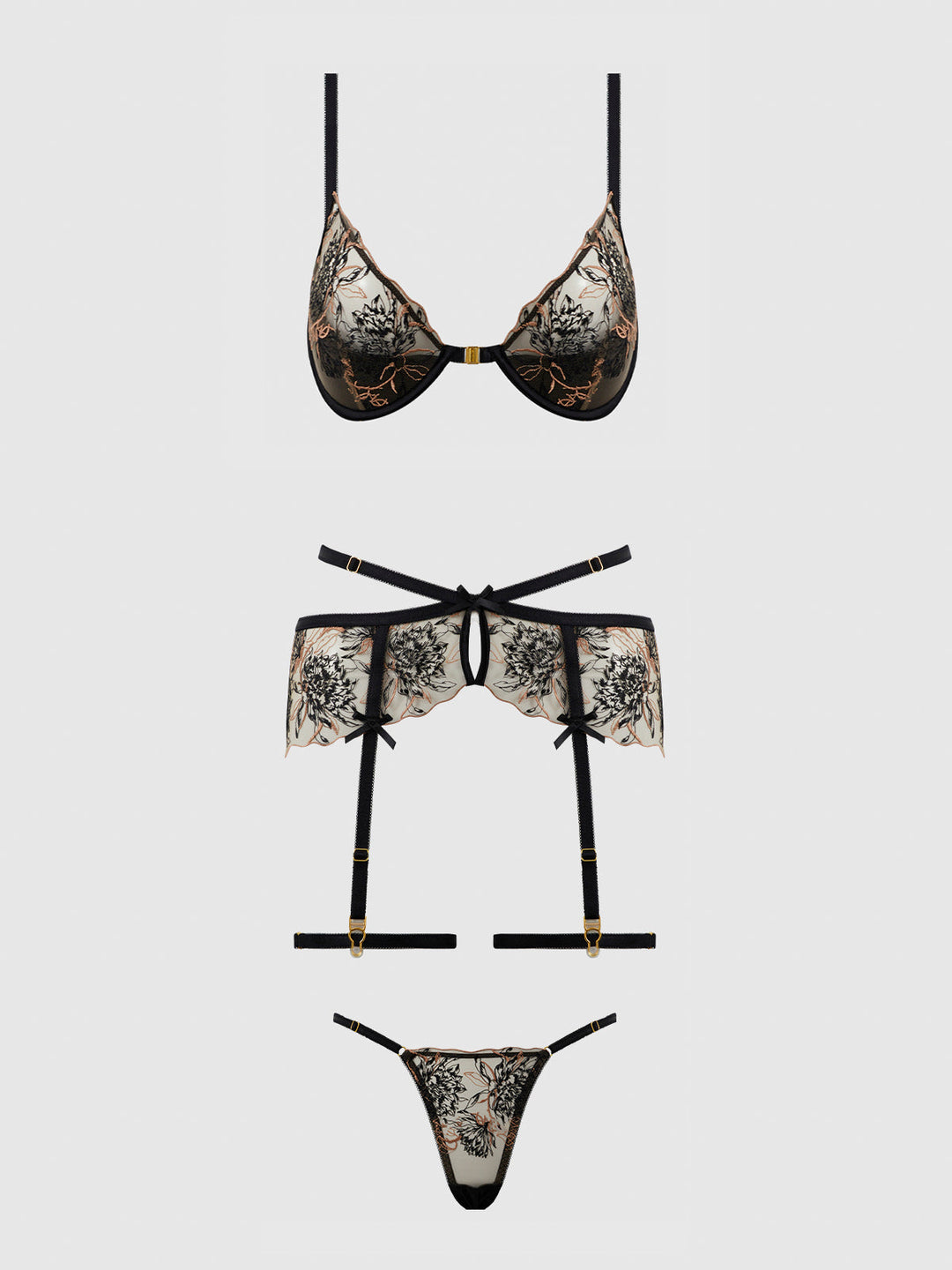 Delilah Embroidered Push Up Bra, Garter &amp; Thong Set from Love It Curvy