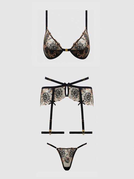 Delilah Embroidered Push Up Bra, Garter & Thong Set from Love It Curvy