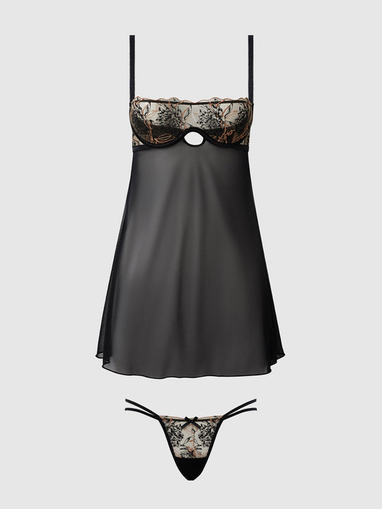 Delilah Embroidered & Mesh Monowire Babydoll Set from Love It Curvy