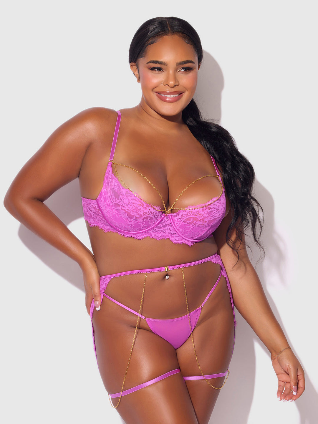 Reanna Lace &amp; Chain Bra, Garter &amp; G-String Set from Love It Curvy