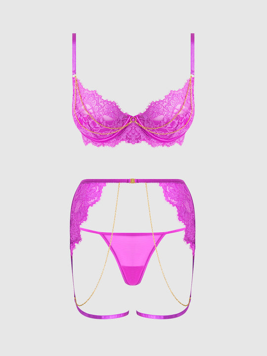 Reanna Lace & Chain Bra, Garter & G-String Set from Love It Curvy