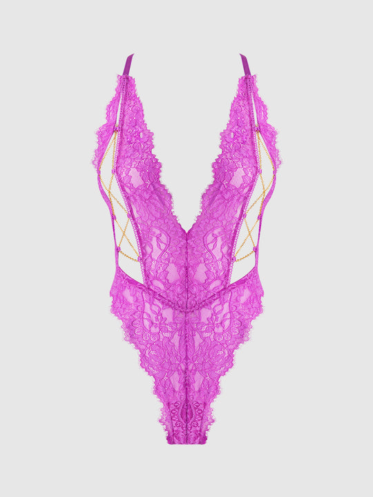 Reanna Lace & Chain Deep Plunge Bodysuit from Love It Curvy