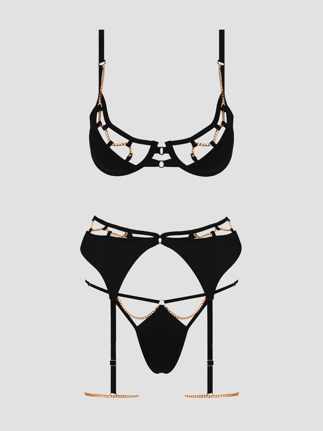 Evangeline Satin &amp; Chain Bra, Thigh Garter &amp; G-String Set from Love It Curvy