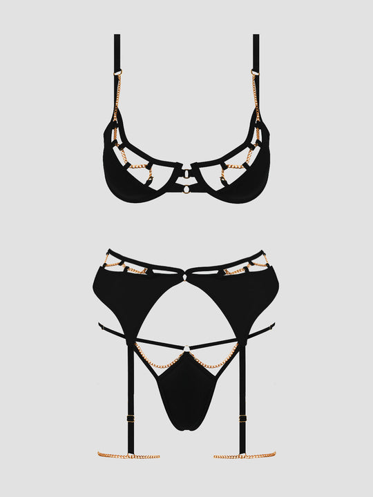 Evangeline Satin & Chain Bra, Thigh Garter & G-String Set from Love It Curvy