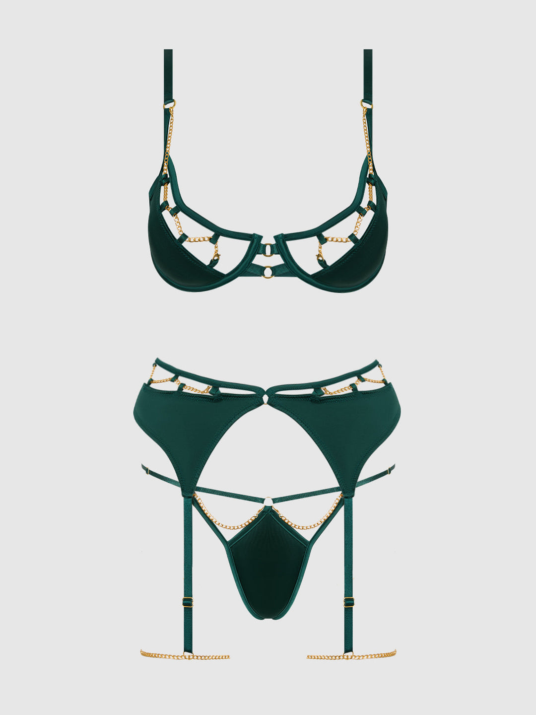 Evangeline Satin &amp; Chain Bra, Thigh Garter &amp; G-String Set from Love It Curvy