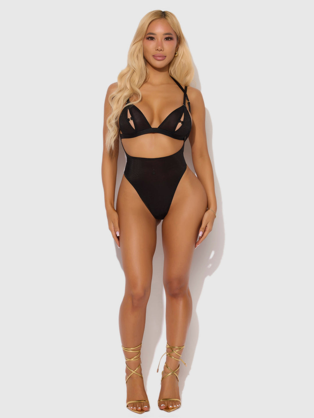 Yasmine Shimmer Mesh Slit Cup, Backless Teddy &amp; Bralette Set from Love It Curvy