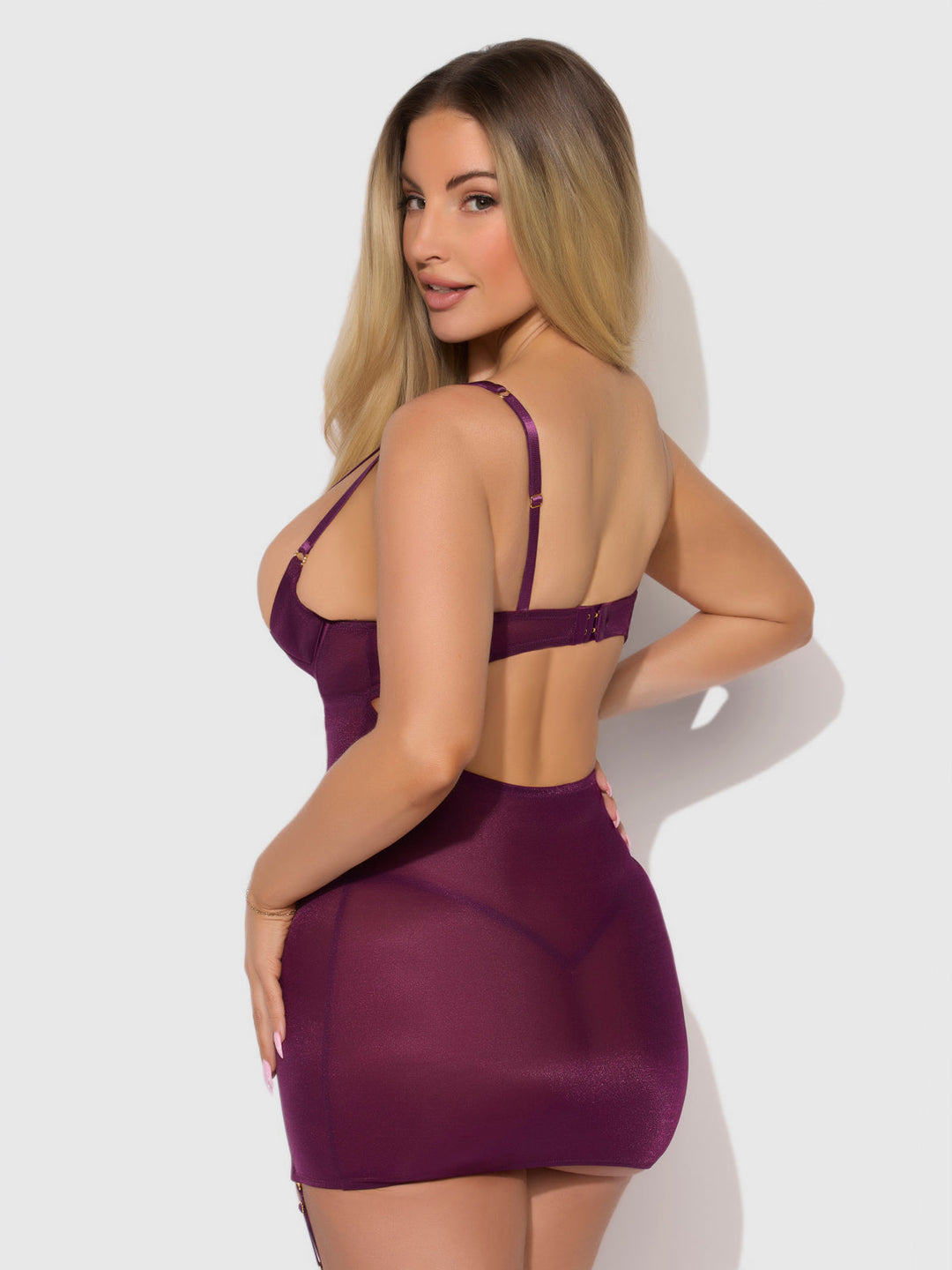 Yasmine Shimmer Mesh O-Ring Thigh Garter Chemise Set from Love It Curvy