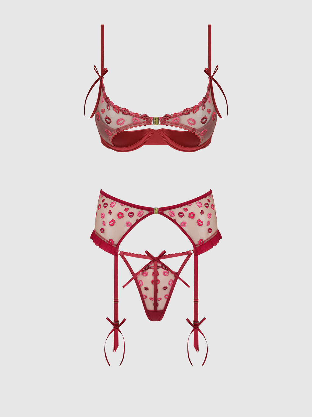 Angelina Lips Embroidery Open Cup Bra, Garter & Bow G-String Set from Love It Curvy