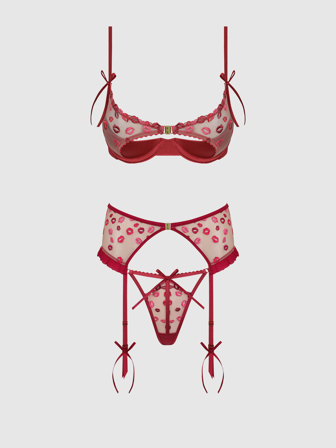 Angelina Lips Embroidery Open Cup Bra, Garter &amp; Bow G-String Set from Love It Curvy