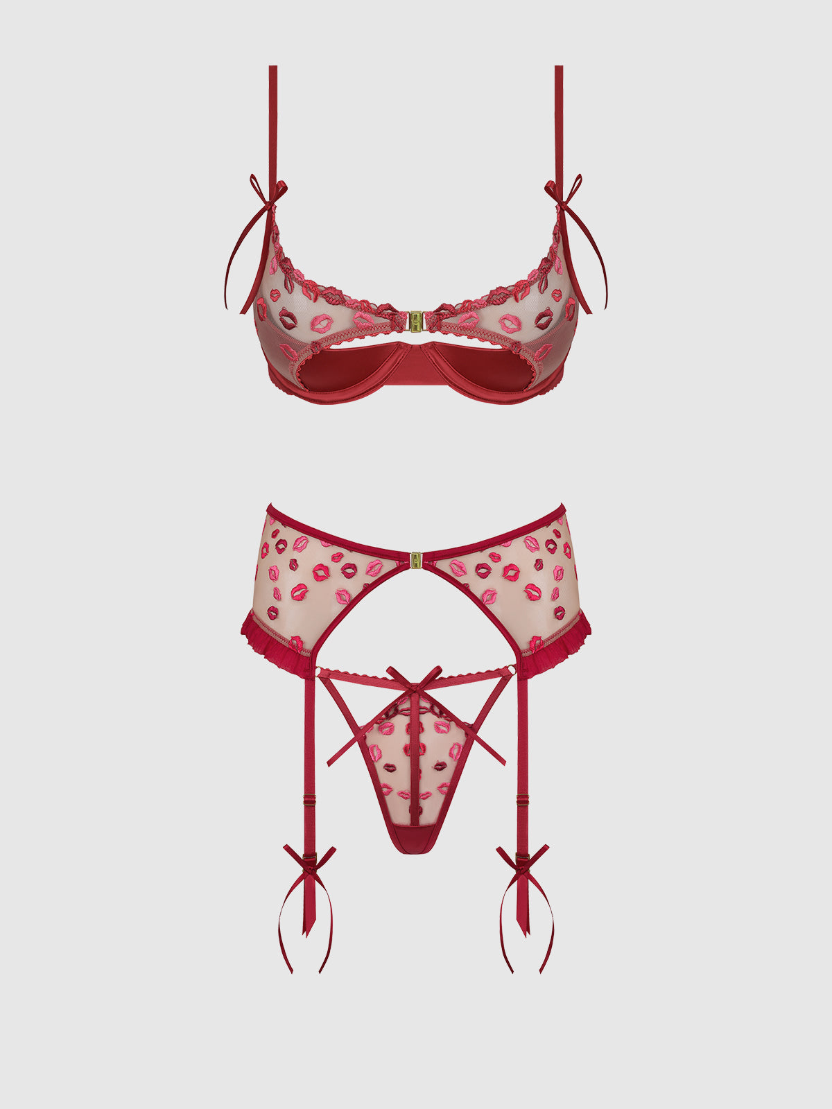 Angelina Lips Embroidery Open Cup Bra, Garter & Bow G-String Set from Love It Curvy