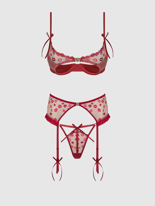 Angelina Lips Embroidery Open Cup Bra, Garter & Bow G-String Set from Love It Curvy