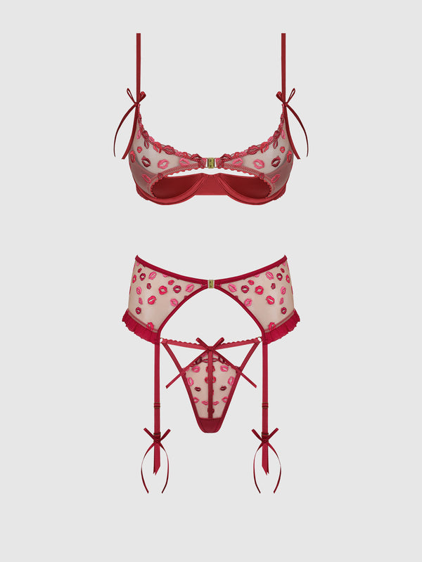Angelina Lips Embroidery Open Cup Bra, Garter & Bow G-String Set from Love It Curvy