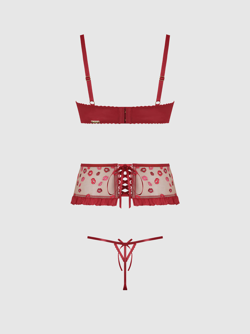 Angelina Lips Embroidery Open Cup Bra, Garter & Bow G-String Set from Love It Curvy