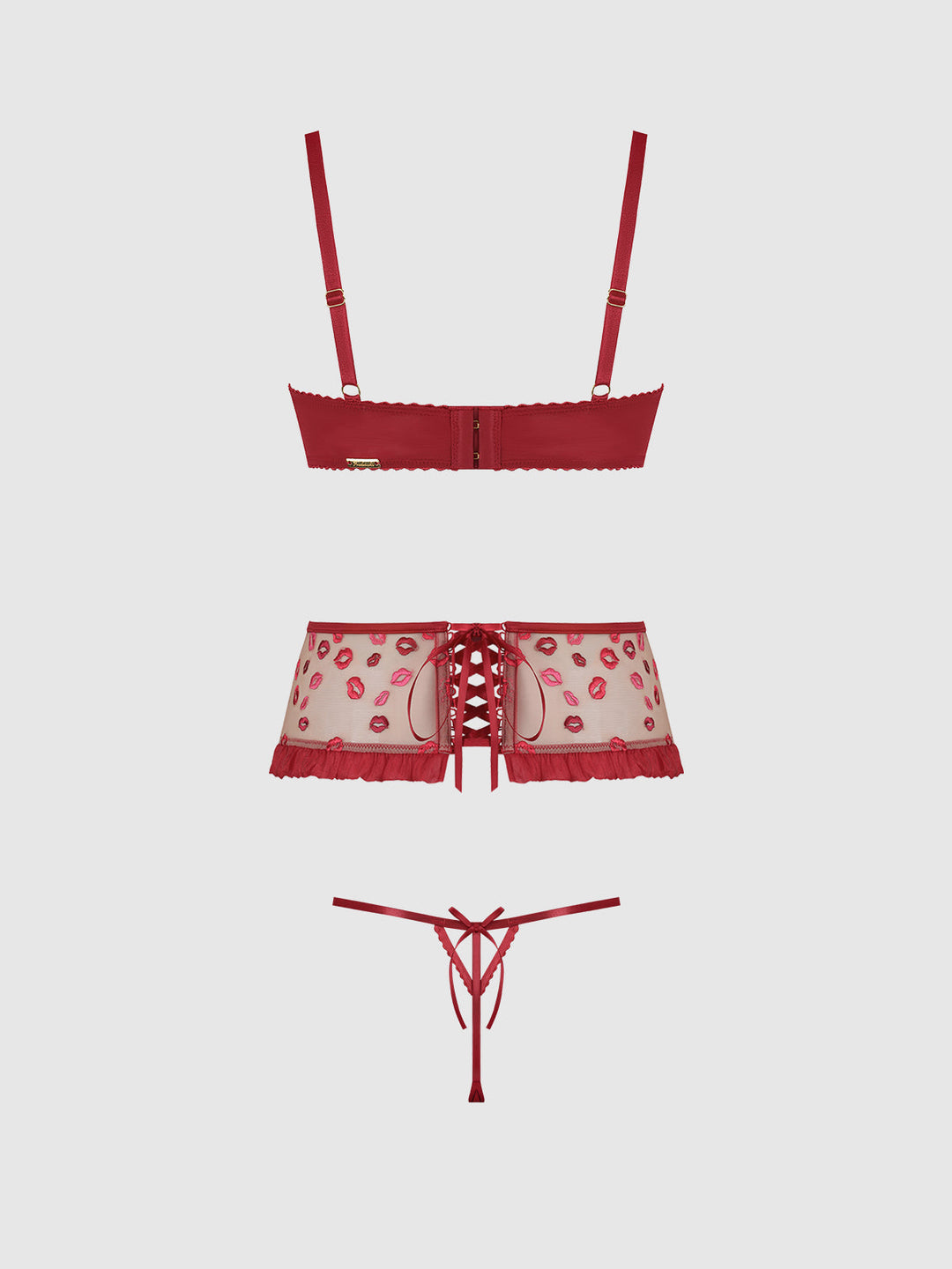 Angelina Lips Embroidery Open Cup Bra, Garter &amp; Bow G-String Set from Love It Curvy