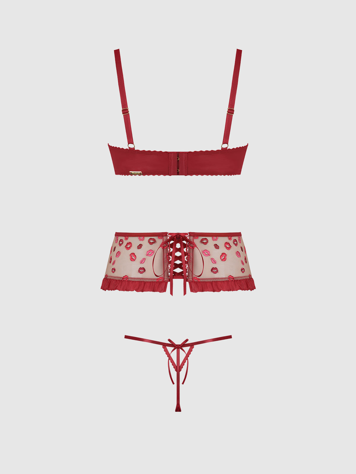 Angelina Lips Embroidery Open Cup Bra, Garter & Bow G-String Set from Love It Curvy