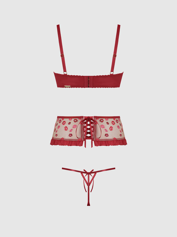Angelina Lips Embroidery Open Cup Bra, Garter & Bow G-String Set from Love It Curvy