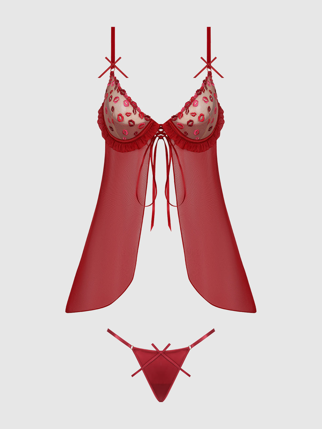 Angelina Lips Embroidery Babydoll &amp; Bow G-String Set from Love It Curvy