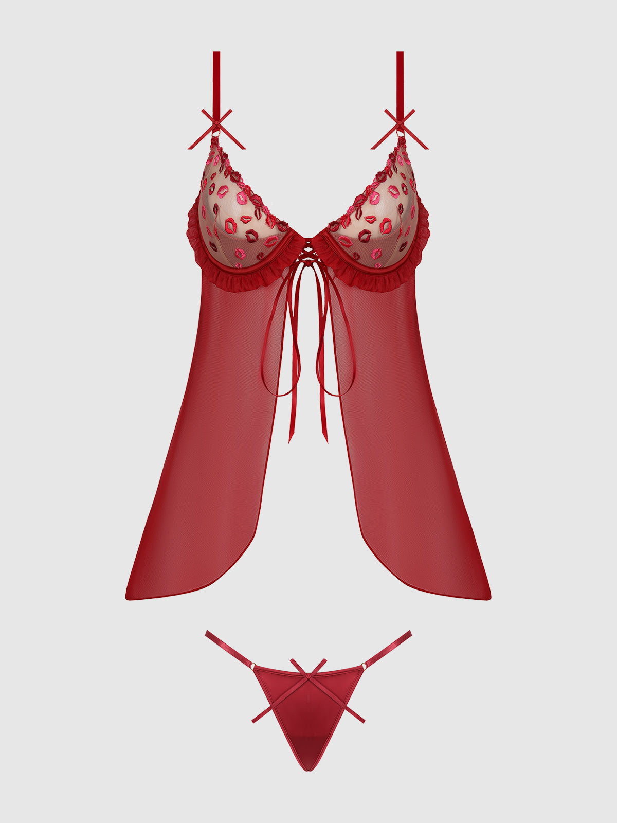 Angelina Lips Embroidery Babydoll & Bow G-String Set from Love It Curvy