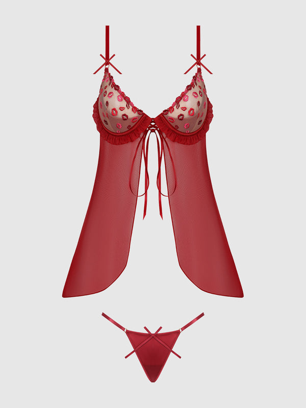 Angelina Lips Embroidery Babydoll & Bow G-String Set from Love It Curvy