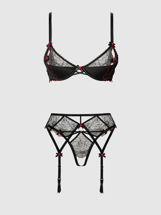 Ilena Embroidered Tulle Bra, Garter & Crotchless Bikini | Love It Curvy