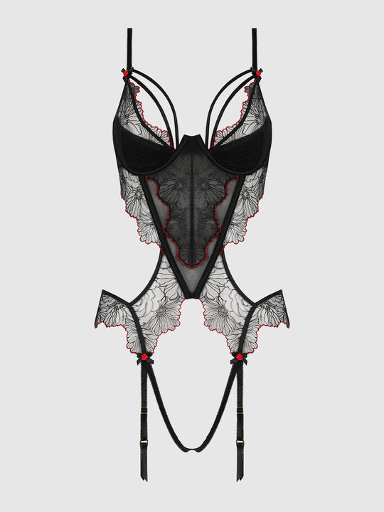 Ilena Embroidered Tulle Crotchless & Open Back Teddy | Love It Curvy