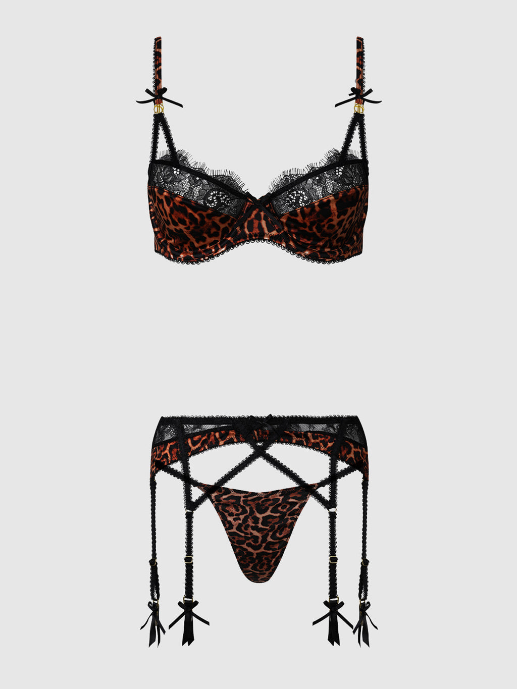 Devon Leopard & Lace 3-Piece Bra, Waist Garter & G-String Set by House of Desire