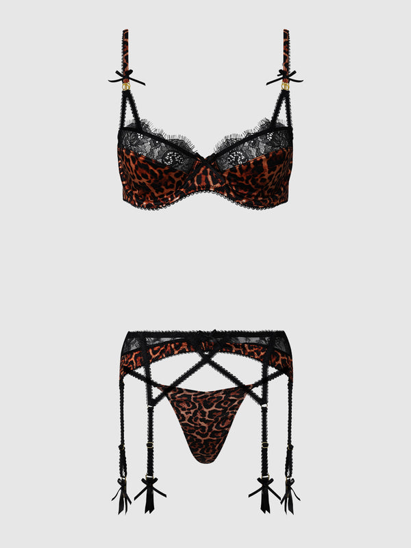 Devon Leopard & Lace 3-Piece Bra, Waist Garter & G-String Set by House of Desire