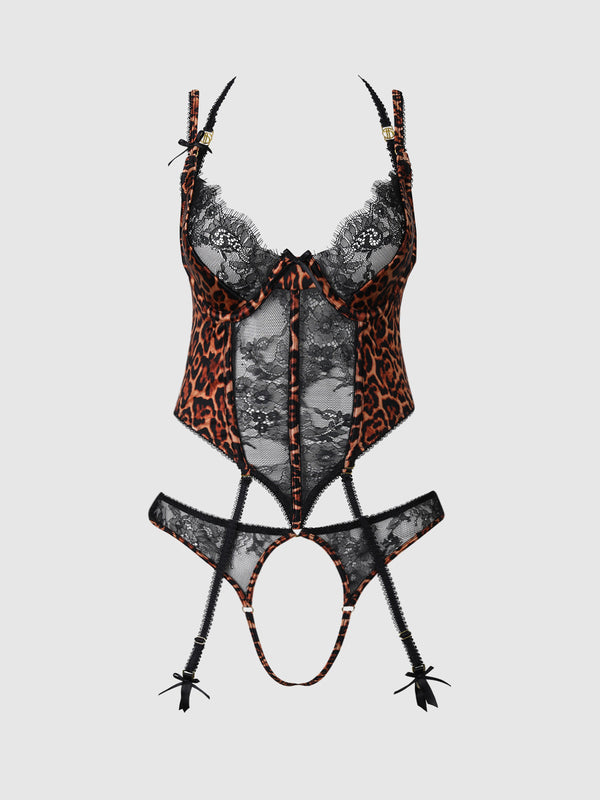 Devon Leopard & Lace Crotchless Teddy by House of Desire