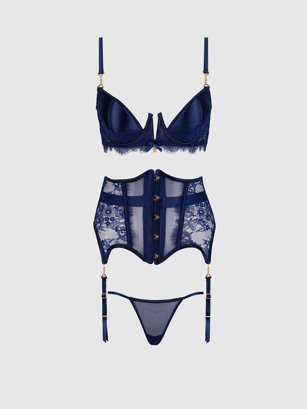 Liliana Lace & Mesh Bra, Garter & G-String Set by House of Desire