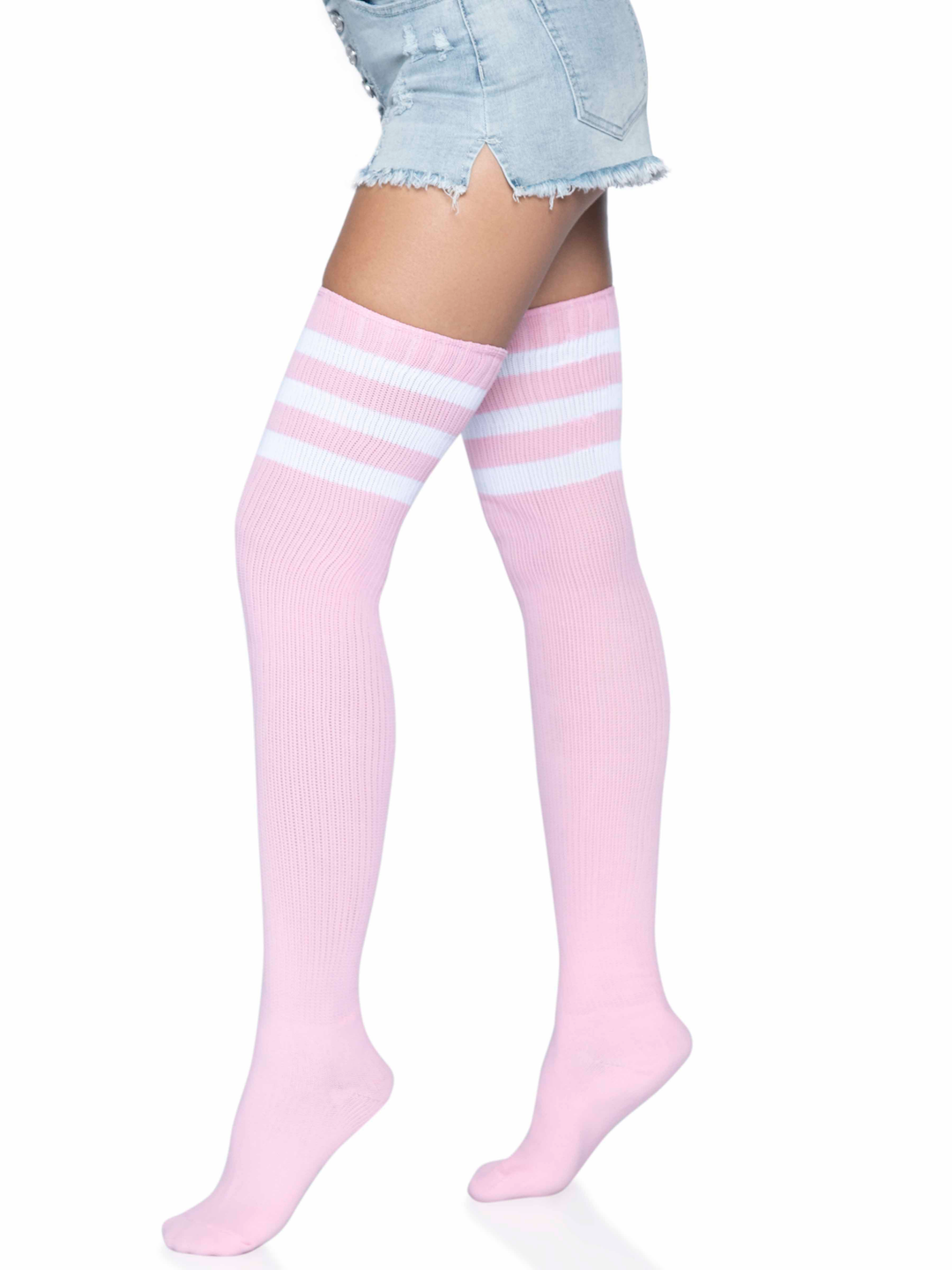 3 Stripes Athletic Ribbed Thigh Highs - One Size - Light Pink - Love it Curvy