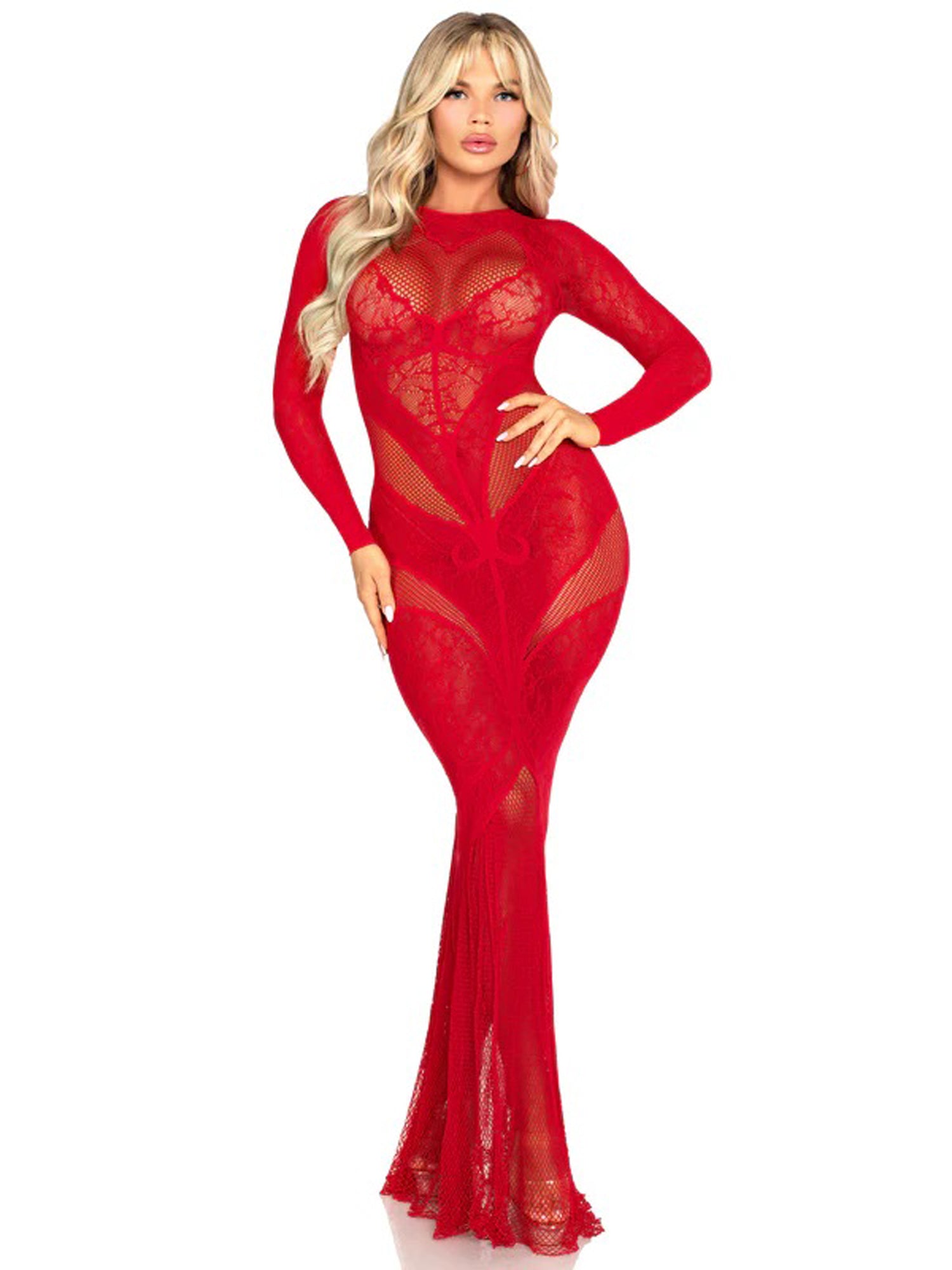 Red Lace and Net Body Con Gown - With Heart Keyhole Detail - Os - Love it Curvy