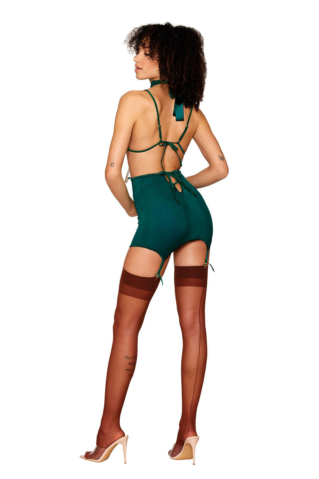 Garter Skirt With Bra & G-String and Collar - One Size - Peacock - Love it Curvy