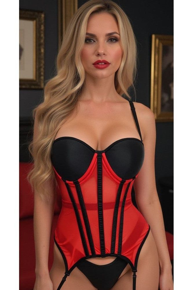 Lavish Red/Black Mesh Underwire Bustier Corset with Garters | Love It Curvy Secondary image
