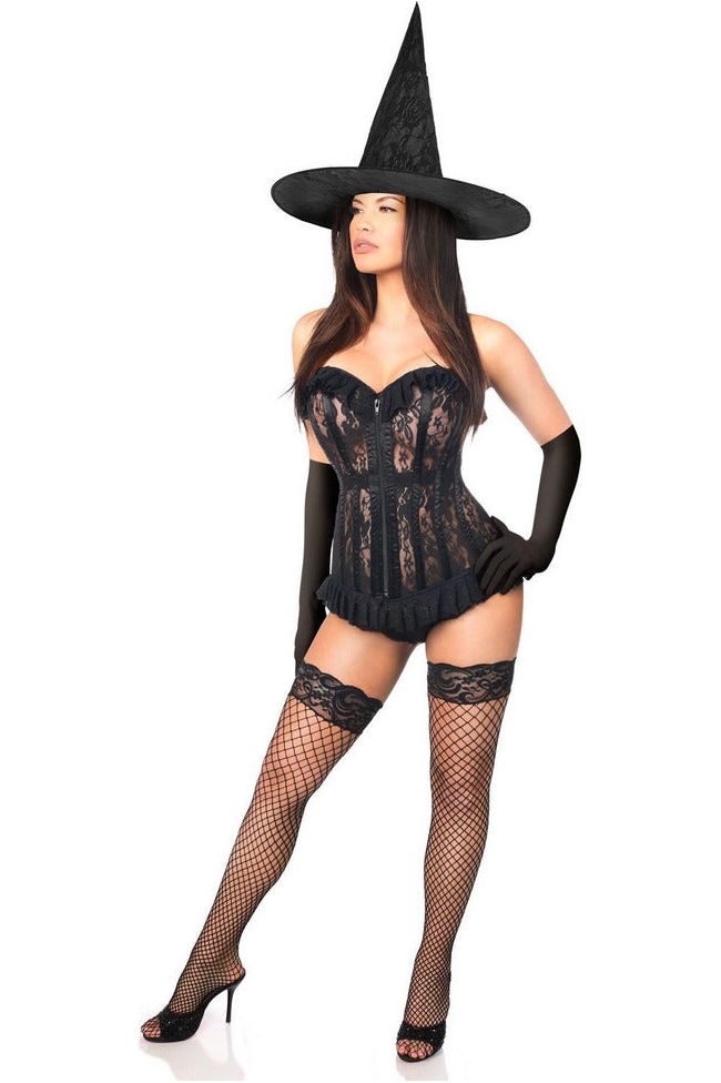 Lavish 3 PC Sheer Lace Witch Corset Costume - Love it Curvy