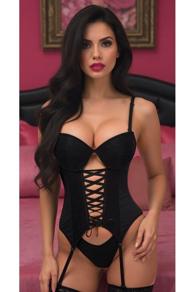 Lavish Black Lycra & Lace Hook & Eye Lace-Up Bustier Corset w/Garters - Love it Curvy