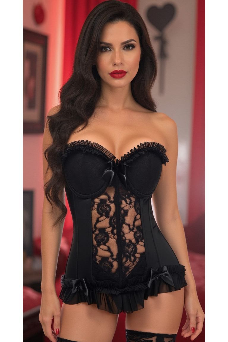Lavish Black Lycra & Lace Hook & Eye Stretch Bustier Corset - Love it Curvy