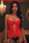 Lavish Red Lycra & Lace Hook & Eye Lace-Up Bustier Corset w/Garters - Love it Curvy