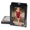 A black retail display box with a clear window showing a model wearing a short burgundy velvet dress with pink trim. A second empty display box lies beside it on a plain white background.